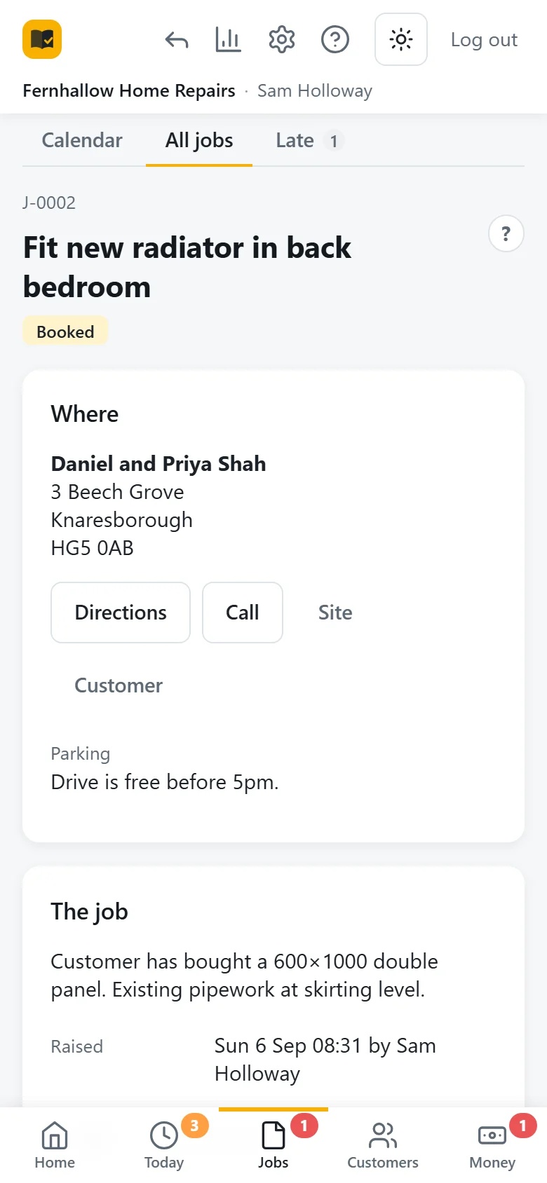 A job in My Job Book on an Android phone: fit a new radiator in the back bedroom at an address in Knaresborough, with buttons for directions and calling, and a note about parking.