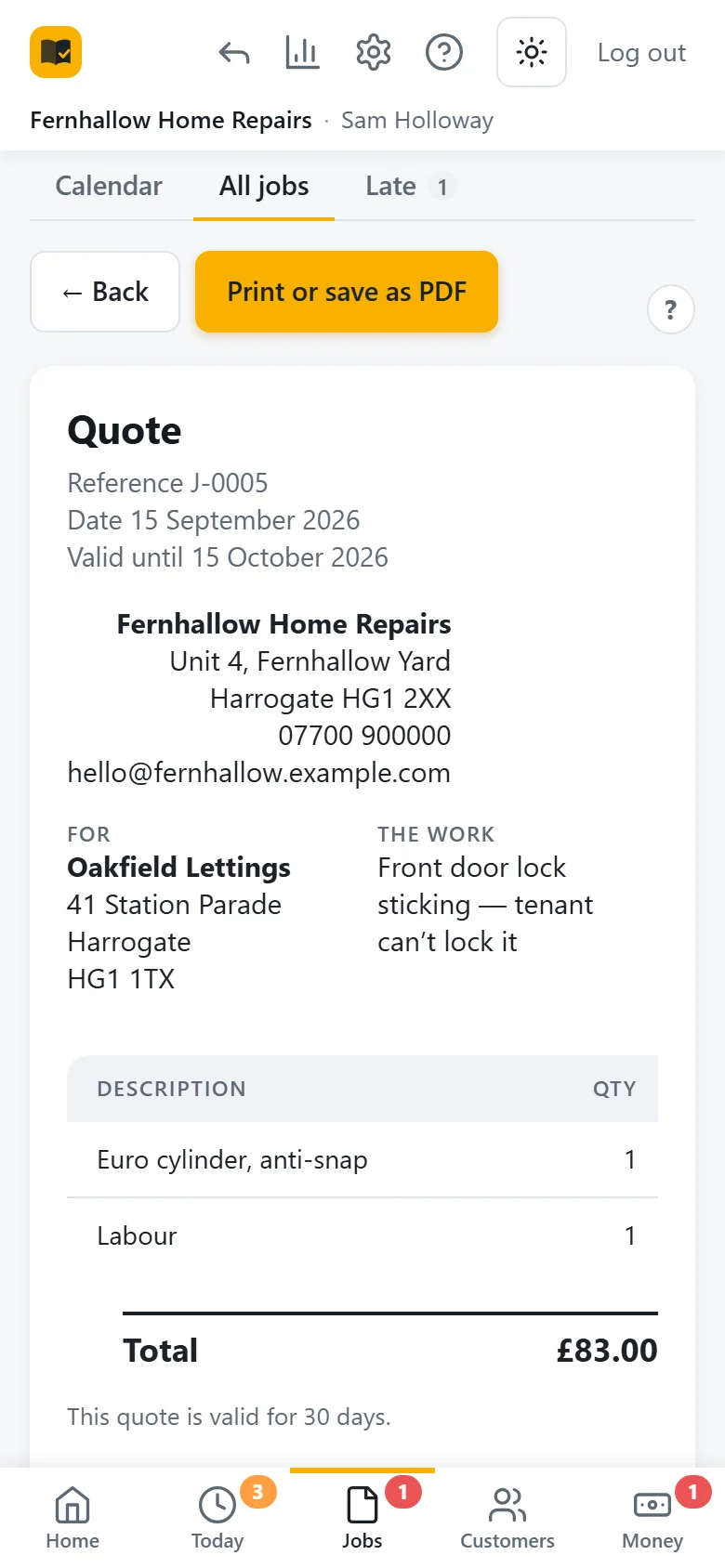 A quote in My Job Book on an Android phone for a lettings agency in Harrogate: an anti-snap euro cylinder and the labour to fit it, the total, and a button to print it or save it as a PDF.