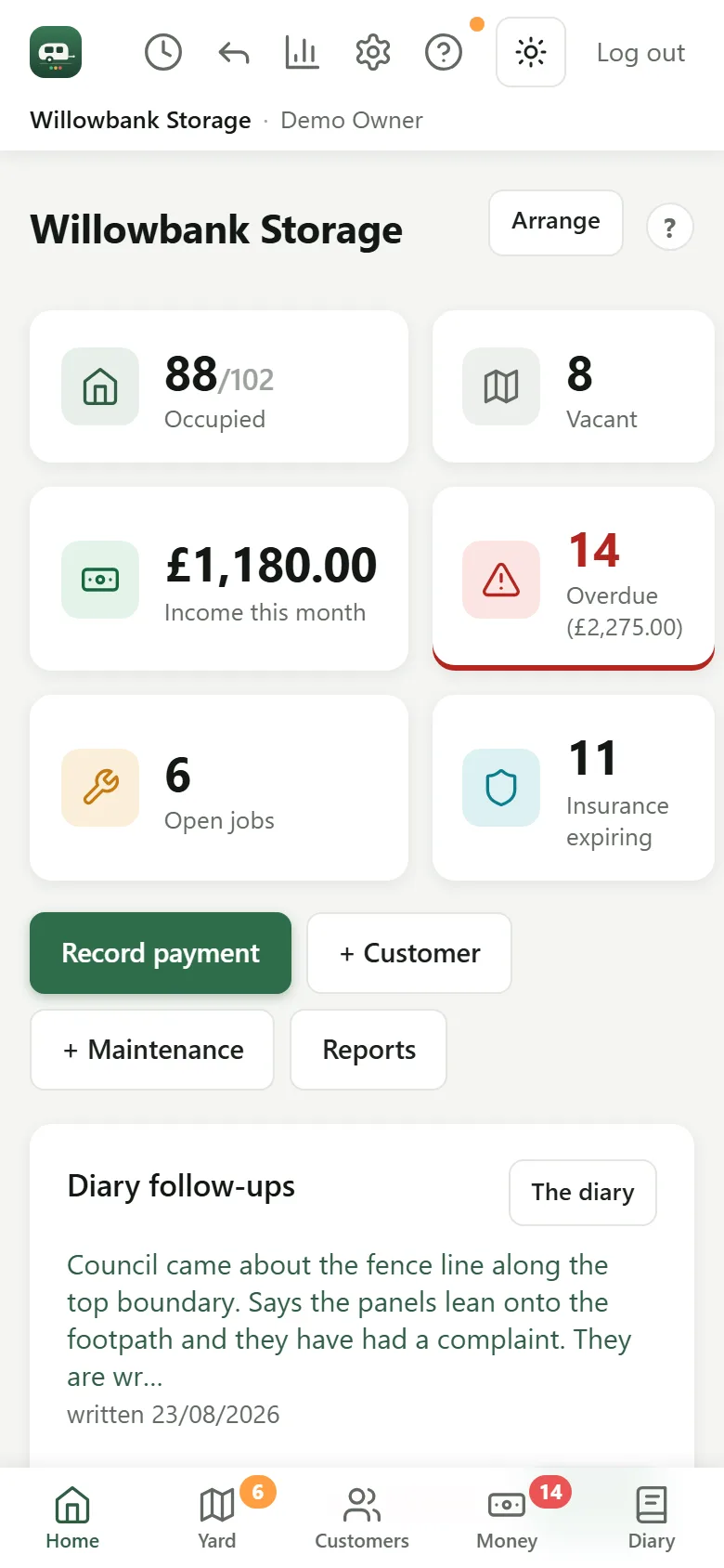 The same demo yard's dashboard on an Android phone: plots occupied and vacant, income this month, accounts overdue, open maintenance jobs and insurance expiring.